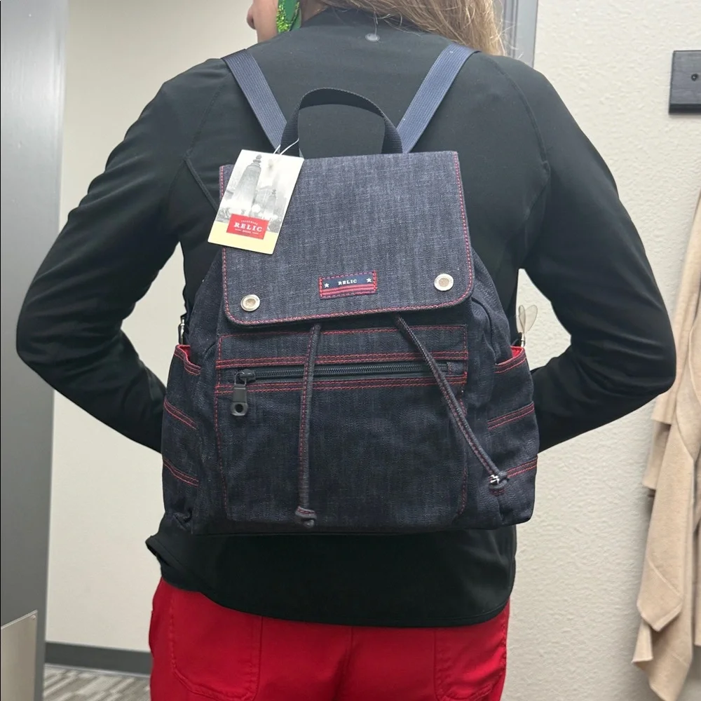 Vintage Relic Denim Backpack with Red Stitching and Matching Pouch